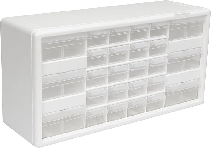 Akro-Mils 26-Drawer Plastic Drawer Storage Cabinet for Garage Organization, Bead Organizer, Building Bricks Storage, Teacher Toolbox, Makeup Organizer, 20" W x 6" D x 10" H, 10124 White