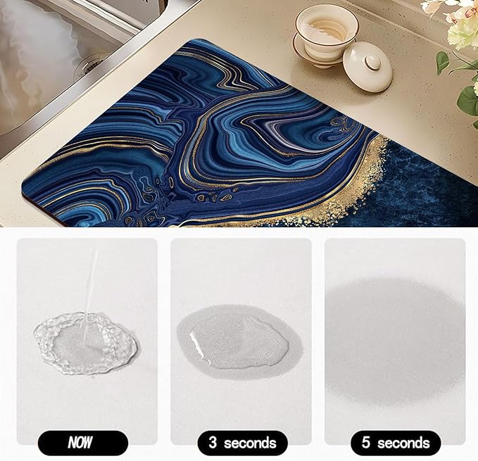 Dish Drying Mat for Kitchen Counter, Blue Marble and Golden Veins Washable Absorbent Quick Dry Pad with Rubber Backing, Draining Mat for Dishes Coffee Table, 12" x 20"
