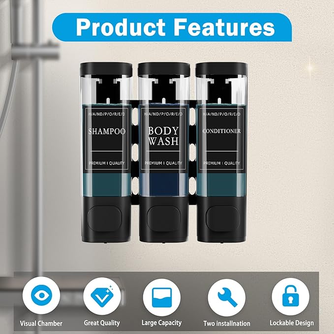 Shampoo and Conditioner Dispenser, Shower Soap Dispenser Wall Mounted, Refillable Shampoo and Conditioner Bottles for Bathroom Hotel Large Capacity(Black)