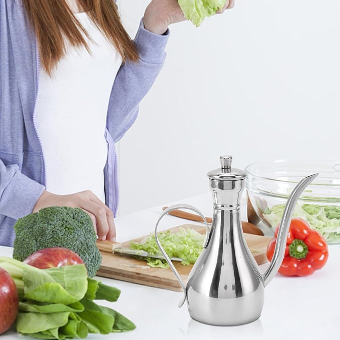 Stainless Steel Oil Dispenser Bottle, 11oz/350ml Non Drip Leak Proof Pouring Pot for Olive Oil, Vinegar, Soy Sauce, Salad, Oil Storage Can Container for Home Kitchen
