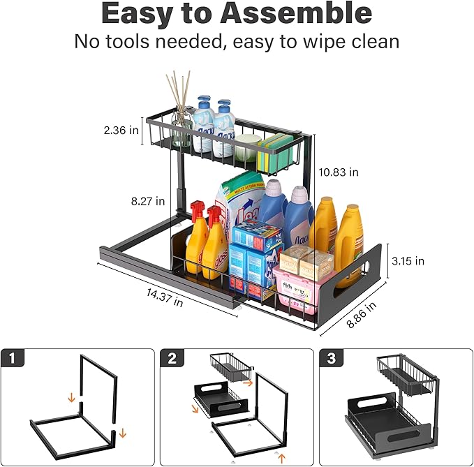 Sturdy Metal Under Sink Organizer 2 Tier, Pull Out Drawer Slides Under Sink Storage for Bathroom Kitchen, Multi-Purpose Iron Under Cabinet Organizer for Cleaning Supplies (Black, 2 Pack)