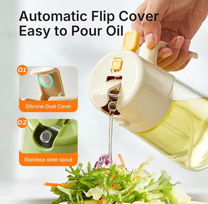 16oz/470ml Glass Olive Oil Sprayer for Cooking with Stickers, 2 in 1 Oil Dispenser for Kitchen Gadgets, Food Grade Premium Spray Bottle with Portion Control for Salad, Frying, BBQ (Green)
