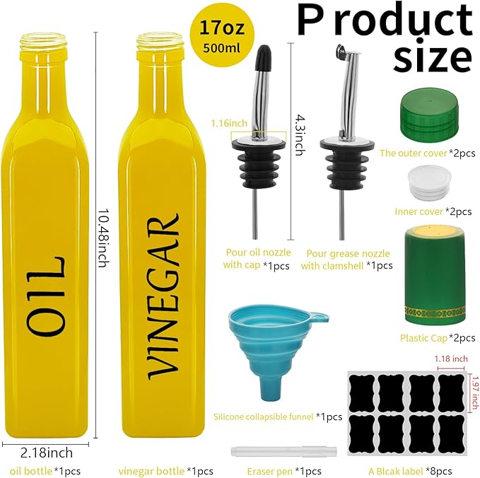 Olive Oil Dispenser Bottle,2 Pcs 17oz 500ml Glass O il and Vinegar Dispenser Set with 2 Stainless Steel Pourers, 8 Labels,Funnel Vinegar Bottles for Kitchen (Yellow)