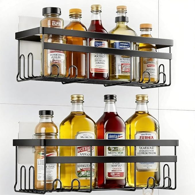 Self Adhesive Shower Caddy, 2-Pack No Drilling Rustproof Bathroom Organizers and Storage with Save Space Hooks, Apartment Essentials for Bathroom, Kitchen & Living Room