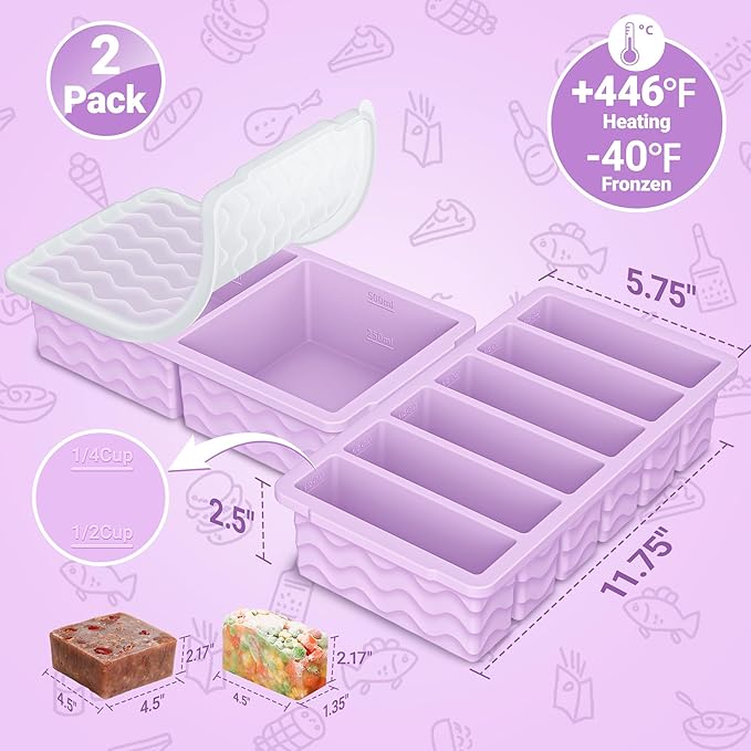 2-Pack Silicone Freezer Trays with Lid, 2 Large 2-Cup(500ml) & 6 Small 1/2-Cup(125ml) Soup Freezer Container Molds