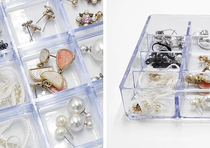 carrotez Small Stackable Jewelry Organizer Tray, 16 Grid, Clear Plastic Drawer Organizer for Makeup, Accessories, Desk, Vanity