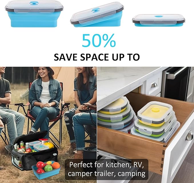 Collapsible Food Storage Containers with Lid & Air Vent, 8 Pack, 4 Rectangular + 4 Round