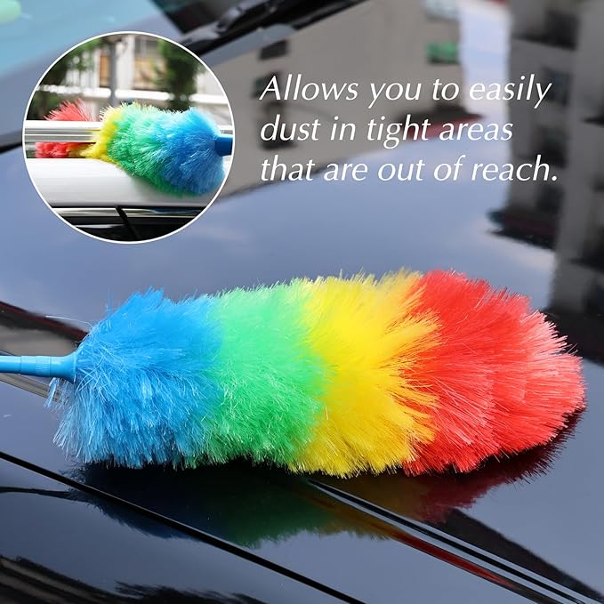 Rainbow Extendable Static Duster Reusable Microfiber Duster with 100" Telescoping Pole, Beandable and Washable Dusters Head for Cleaning Ceiling, Fan