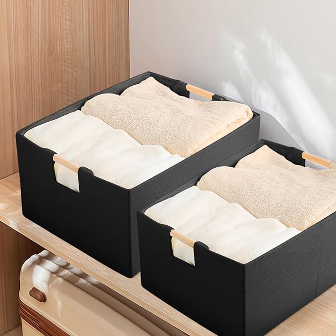 Fabric Storage Bin Box Foldable Cotton Linen Storage Basket with Wooden Handles Rectangular Cube Decorative Home Laundry Organizer Clothes Blanket Container – Black, Large