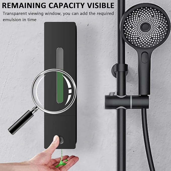 Single Wall Mounted Hand Soap Dispenser, 13.5oz/400ml Black Shower Pump, Clear Refillable Liquid Lotion Soap Dispenser, Drill Free with Adhesive or Wall Mount with Screws Shower Pump Dispenser