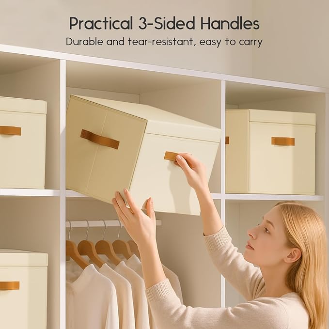 Homsorout Large Storage Bins with Lids - Front Opening Fabric Storage Bins, Flap Closet Organizer with Handles, Collapsible Boxes with Lid, Decorative Basket for Home, Dorm, 2 Pack, Beige