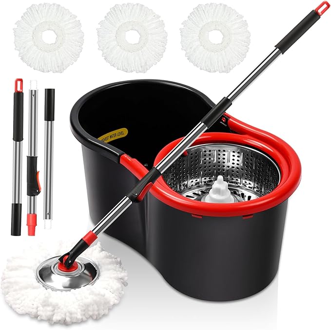 Spin Mop and Bucket with Wringer Set, 360° Spinning Mop Bucket System with 3 Microfiber Mop Replacement Heads and 51" Stainless Steel Adjustable Handle for Floor Cleaning (15QT)