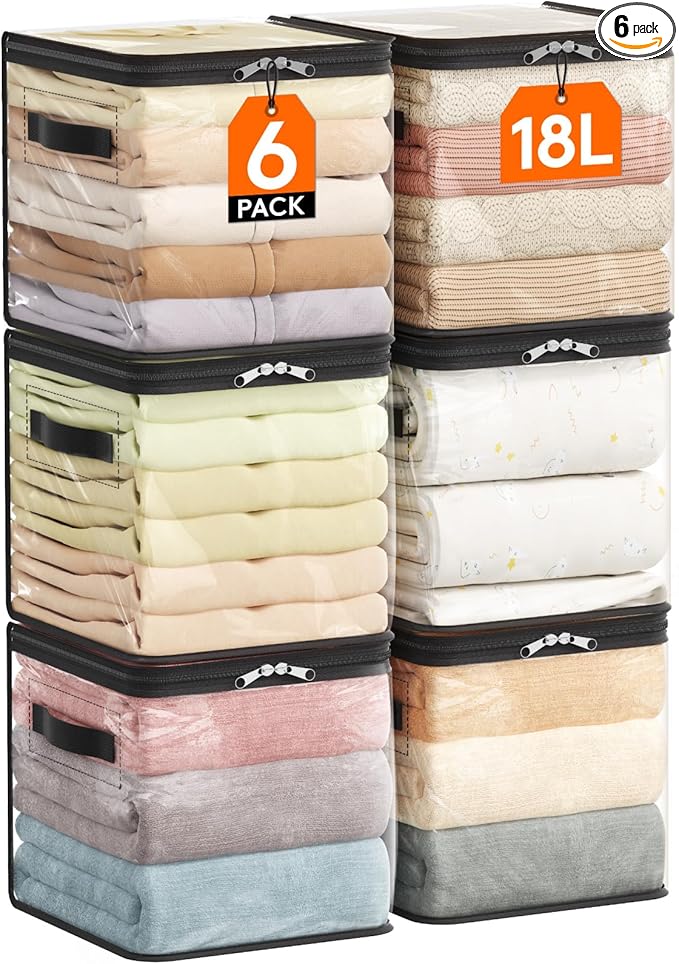 Lifewit 6 Pack Clear Clothes Storage Bags, Sweater Storage with Zipper, 18L Vinyl Foldable Moving Bags, Storage Container for Blankets Bed Sheet Sweater Yarns