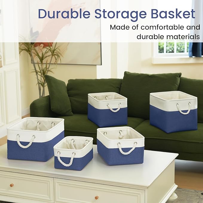 Storage Baskets for Shelves 11.8x7.9x5.2 Inch, Foldable Fabric Storage Bins with Handles, Small Storage Baskets for Organizing Closet, Office, Home Organization (3-Pack, White&Blue)