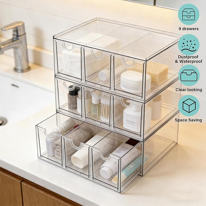 Prsildan Acrylic Makeup Organizer, 3 Pack Stackable Storage Drawers with 9 Drawers for Office Desk Vanity Craft Room Clear Drawer Organizers for Hair