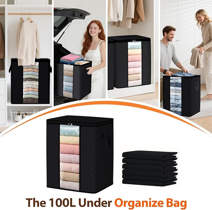 6 Pack 100L Clothes Storage, Foldable Thick Fabric Blanket Storage Bags, Black