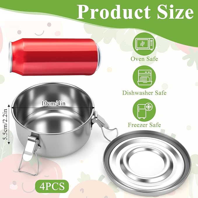 4 x 12oz Stainless Steel Food Containers - Leakproof Bento Box for Camping/Picnic
