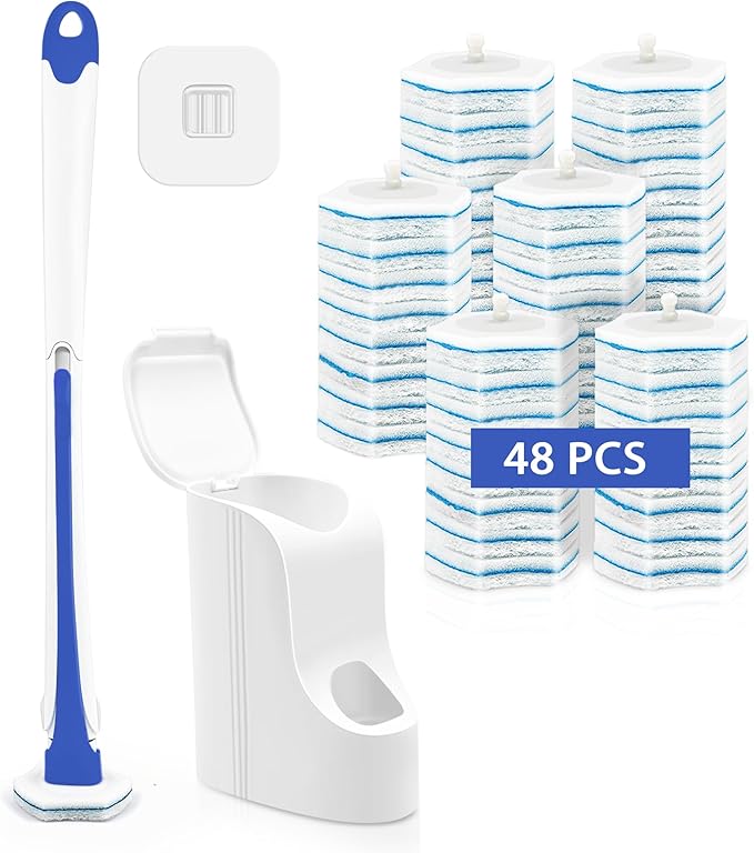 JEHONN Disposable Toilet Brush with 48 Wand Cleaner Refills, Wall Mounted Toilet Bowl Brush Holder Set, Bathroom Cleaning System for Sink Bathtub Wash Basin (Blue)