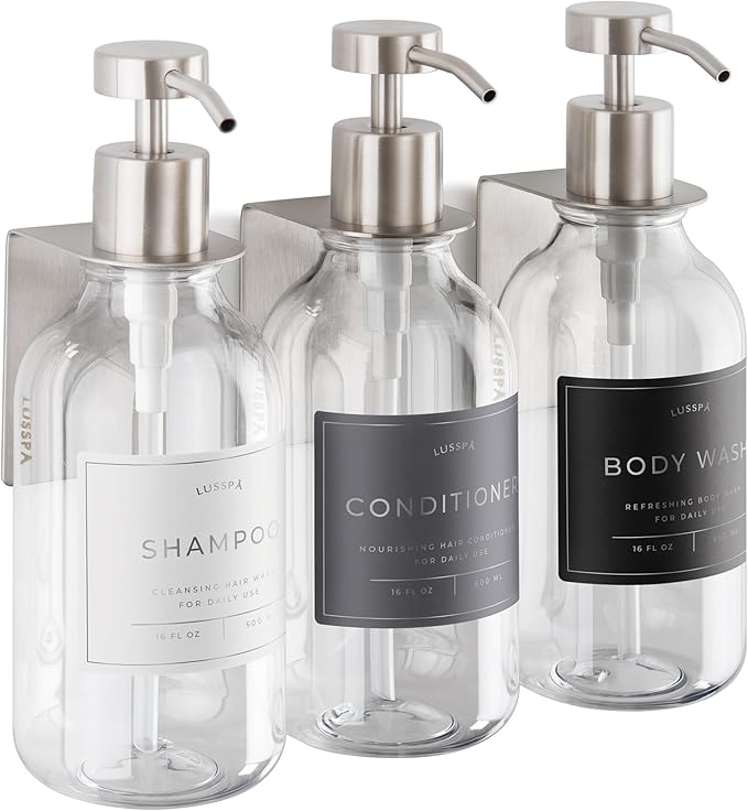 Shower Shampoo Dispenser Wall Mounted – 3 Refillable 16.9 oz Clear Bottles with Stainless Steel Pumps & No-Drill Adhesive Holders – Soap Dispenser Set for Bathroom (3 X Clear/Silver)