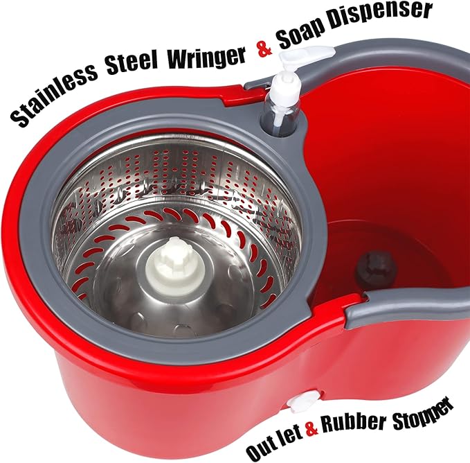 Spin Mop and Bucket, Microfiber Spin Mop & Bucket Floor Cleaning System, Spin Mop Kit with 3 Mop Heads, Mop with Stainless Steel Wringer, 61 inches Telescoping Mop Rod (Red)