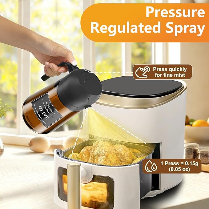 OURCABECUE 2 in 1 Olive Oil Sprayer for Cooking, 16oz/470ml Glass Olive Oil Dispenser Bottle for Kitchen, Light-Blocking Dark Brown Oil Mister with 8 Oil Stickers (Black 2PC)