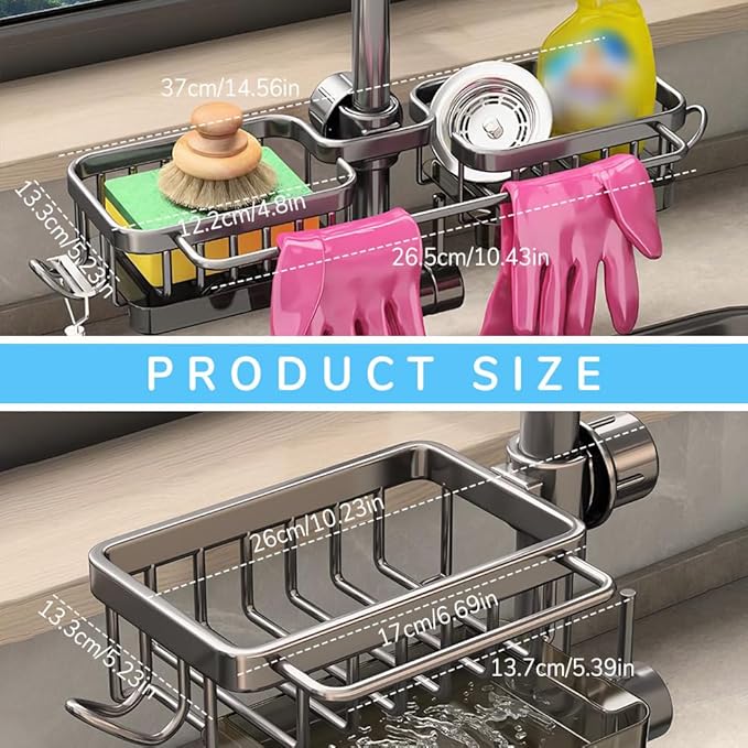Eadwe Sink Organizer Rack for Kitchen and Bathroom, 2024 New Kitchen Sink Faucet Organizer with Drip Tray Faucet Sponge Holder (Black, Right)