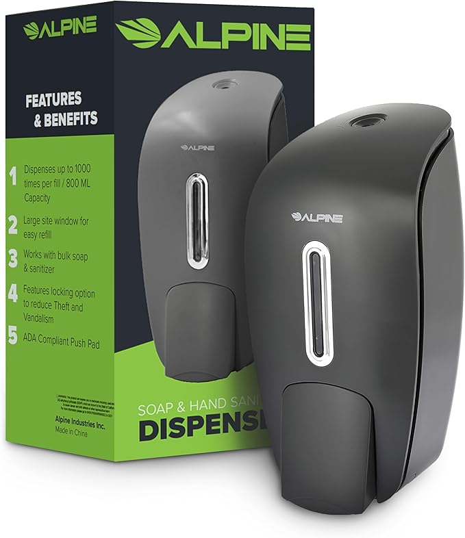 Manual Soap Dispenser Wall Mount - Commercial Soap Dispenser Wall Mounted for Liquid Soap & Hand Sanitizer in Bathroom, Kitchen, Businesses Refillable Large 800 ml Capacity - Grey by Alpine Industries