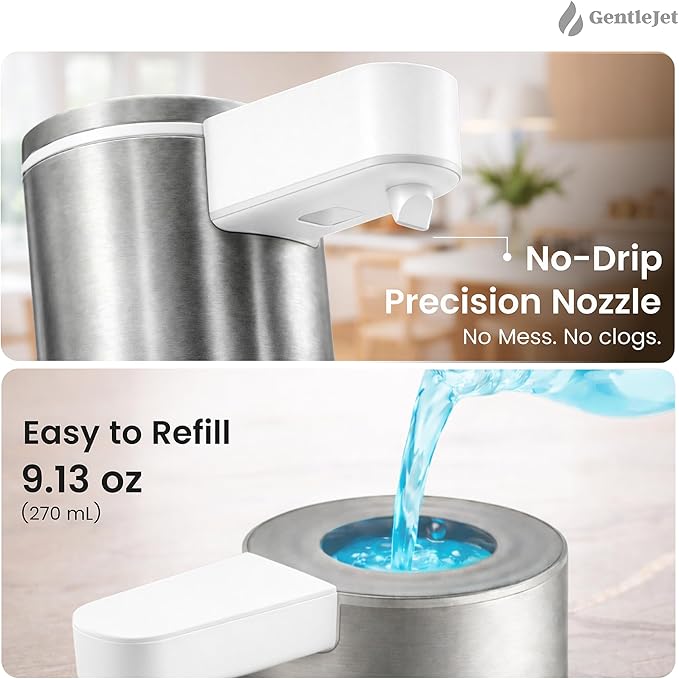 GentleJet OpalDrop Automatic Liquid Soap Dispenser for Kitchen Sink – Touchless No-Drip Pump, USB-C Rechargeable, 304 Stainless Steel, IPX5 Water-Resistant, 270 ml