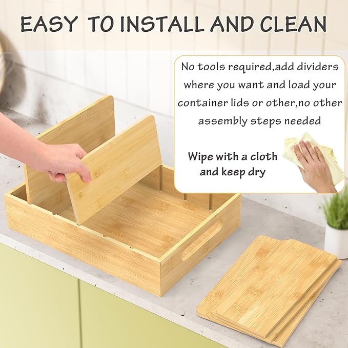 Retro Shaw Bamboo Food Container Lid Organizer with Adjustable Dividers for Cabinet, Lid Organizer for Plastic Lids and Covers Kitchen Storage and Organization