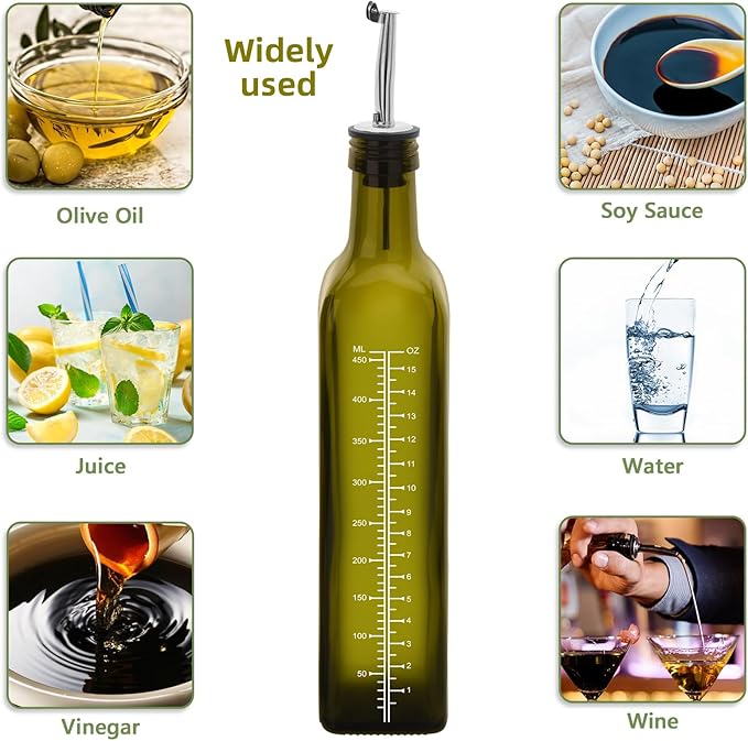 1 Pc 17oz Olive Oil Dispenser Bottle,500ml Glass Oil and Vinegar Dispenser Set with 1 Stainless Steel Pourers,Funnel Oil Bottles for Kitchen (Green Scale)