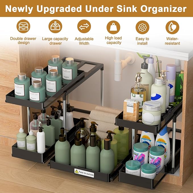 Expandable Under Sink Organizer, 2 Tier Under Cabinet Organizer