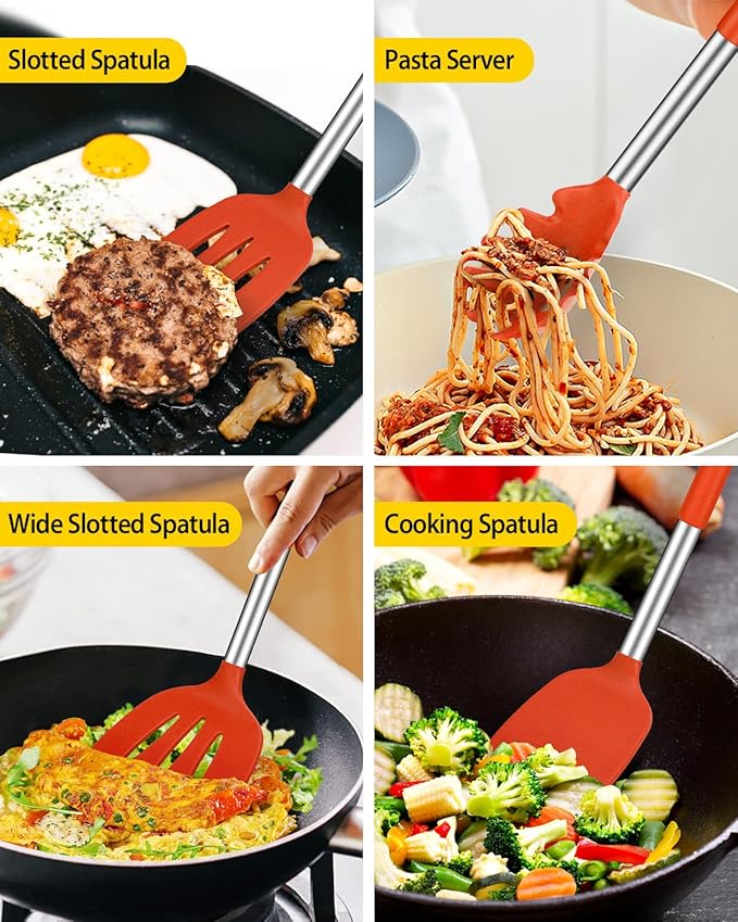 Silicone Cooking Utensil Set, 8Pcs Non-stick Cookware with Stainless Steel Handle, BPA Free Heat Resistant Kitchen Tools with Spatulas, Turners, Spoons, Skimmer and Pasta Fork (RED)