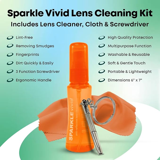 Sparkle Vivid Anti-Reflective Safe Lens Cleaner & Repair Kit – (2) 2oz Glasses Cleaner Spray, (2) Microfiber Cloth & Keychain Screwdriver for Eyeglasses, Sunglasses, Lenses & Screens (5 Piece Set)