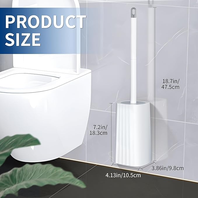 Toilet Brush & Holder Set, Lightweight Plastic Handle, Space Saving for Storage, Deep Cleaning, Drip-Proof, Easy to Assemble, Nylon Bristles, White & Grey