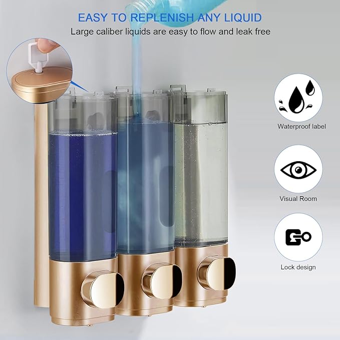 Shower Soap Dispenser Wall Mounted Shampoo and Conditioner Dispenser No Drill 3 Chamber Large Capacity for Bathroom Hotel, Gold