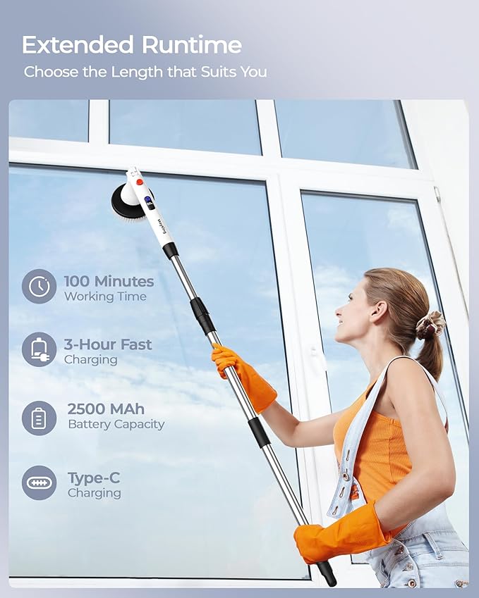 MayKing Electric Spin Scrubber with 9 Brush Heads, 3-Angle & 4-Length Adjustable Cordless Power Scrubber, 3-Speed & Battery LED Display, Electric Scrubber for Cleaning Bathroom Bathtub Floor Tiles