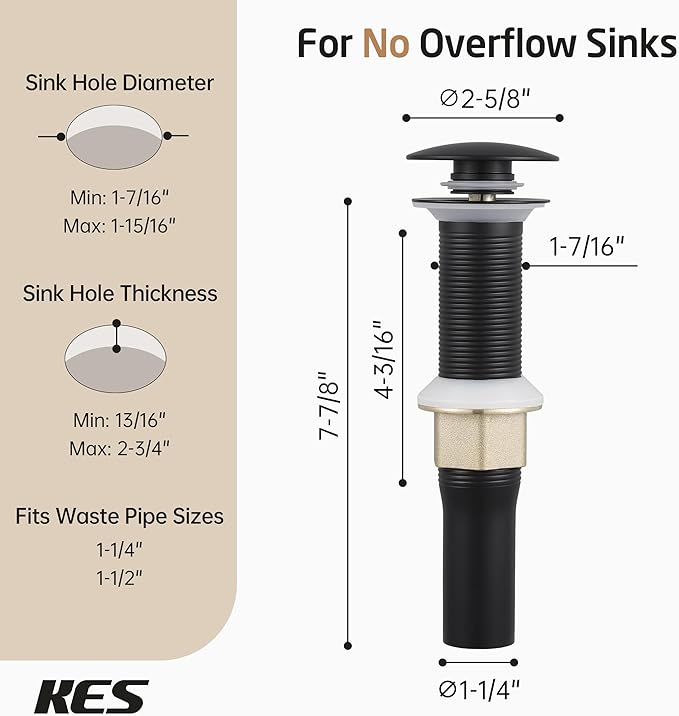 KES Black Pop Up Drain Stopper for Bathroom Sink, Sink Drain with Hair Catcher Without Overflow, 2 Pack, Matte Black