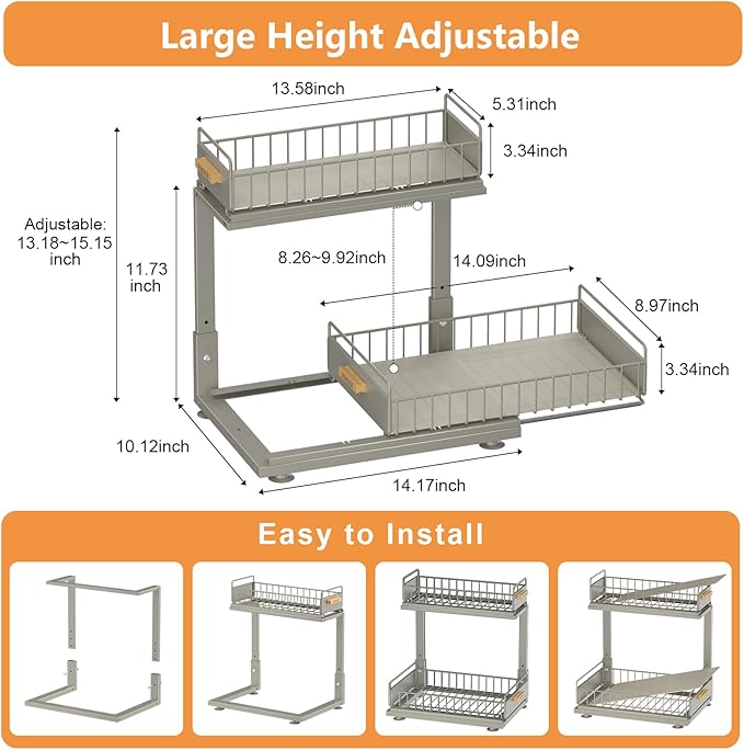 Under Sink Organizer, High Adjustable 2 Tier Under Kitchen Sink Organizer, Gray