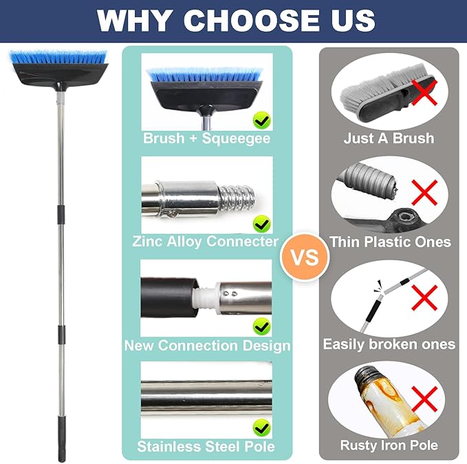52" Car Wash Brush with Long Handle | Built-in Rubber Squeegee & Rubber Bumper | Lightweight extendable Handle | Soft Bristle Brush for Car, RV, Boat