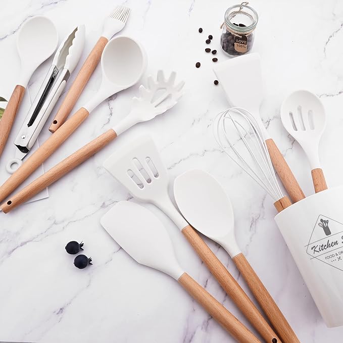 1pc White Silicone Slotted Turner with Wooden Handle, Heat Resistant Cooking Utensils, Ideal Cookware for Fring Fish, Eggs, Meat, French Fries