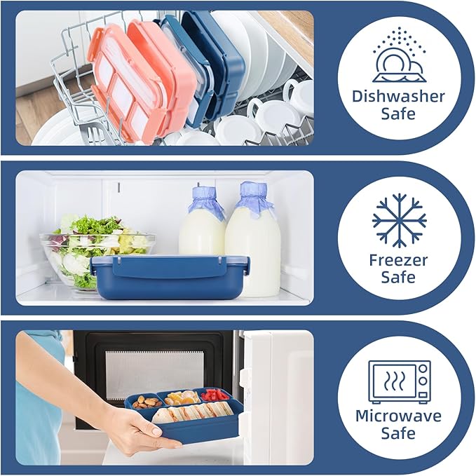 QQKO Bento Box Adult Lunch Box, Lunch Containers for Adults Men Women, Kids Lunch Boxes for School with 4 Compartments, Sauce Container