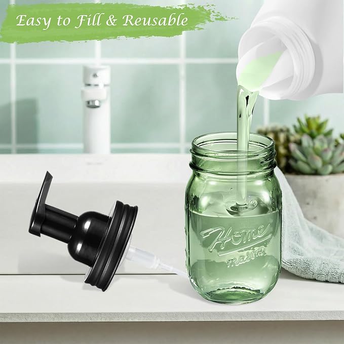 Amolliar 16OZ Green Glass Mason Jar Foaming Soap Dispenser, Plastic Pump & Stainless Steel Lid, Refillable Hand Soap Dispenser for Kitchen Bathroom, Farmhouse Decor for Foaming Dish Soap, Black 2 Pack
