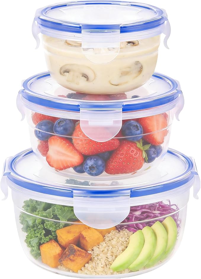 KIGI Round Food Storage Containers with Airtight Lids, Leak Proof Plastic Bowls for Lunch, Meal Prep, Fruit and Salad, 4-Sided Locking Lid, BPA-Free