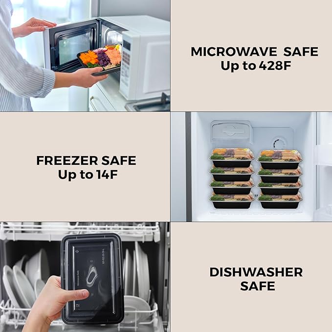 Klex 28 Oz, 150 Sets Meal Prep Containers with Airtight Lids, BPA Free, Reusable Plastic Food Container, 28 oz, Rectangular, Black/Clear, 150 Sets