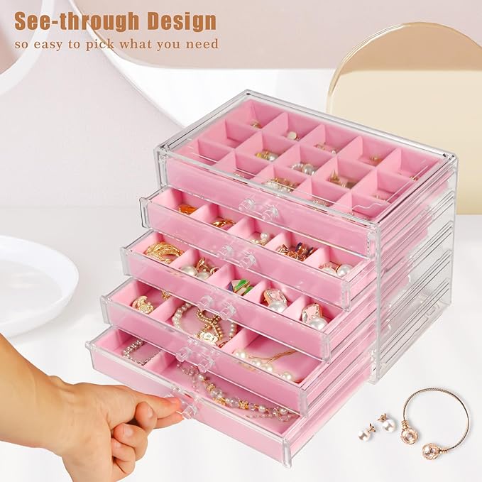 5 Drawers Clear Jewelry Box for Women and Girls, Pink