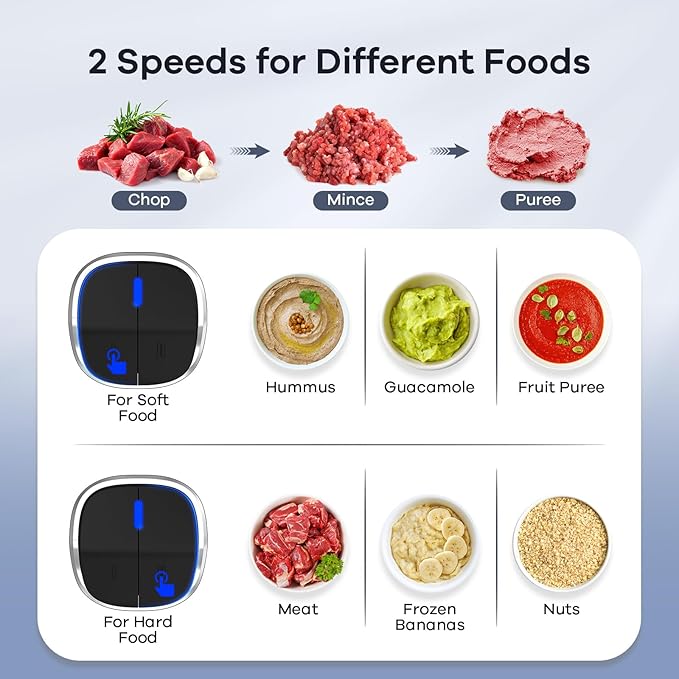 Ganiza Food Processor, 2-Speed Food Chopper Meat Grinder with 8 Cup Stainless Steel & 8 Cup Glass Bowls, Upgraded Button & Smart Overheat Protection Light - Includes Clean Brush, 2 Sets of Blades