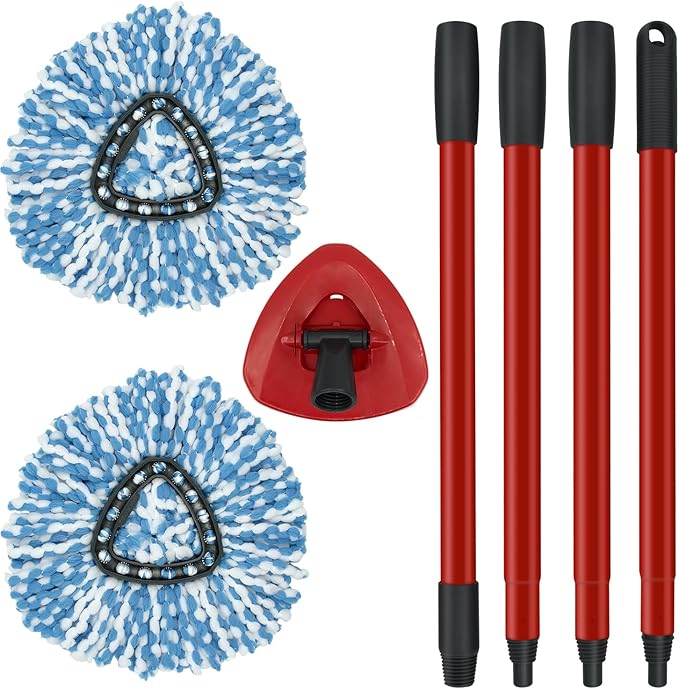 2 Pack Spin Mop Replacement Head,1 Base,4-Section Sturdy Iron Mop Handles Compatible with O Ceda EasyWring RinseClean 2 Tank System Mop,Oceda Mop Refills and Mop Stick 30" to 58" Set to Floor Clean