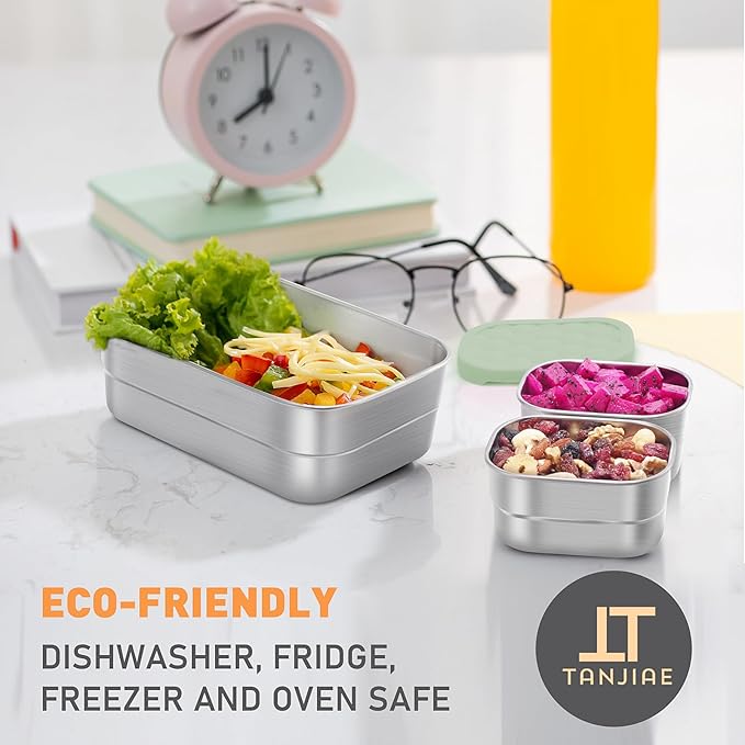 Tanjiae Stainless Steel Snack Containers for Kids | Easy Open Leak Proof Small Food Containers with Silicone Lids