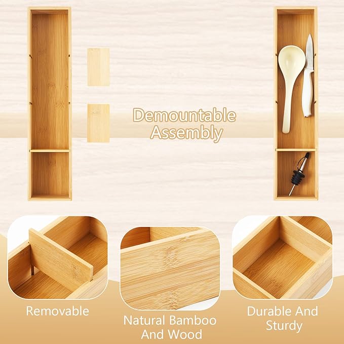 2 Pcs Bamboo Drawer Organizer with 3 Removable Dividers 17.5 x 4 x 2.5 Inch