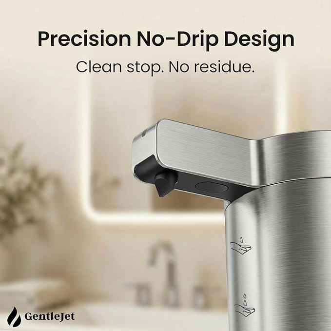 GentleJet SmoothDrop Automatic Liquid Soap Dispenser – Touchless, No-Drip Precision Pump, USB-C Rechargeable, 304 Stainless Steel, Waterproof Countertop Dispenser for Kitchen & Bathroom Sink, 270 ml